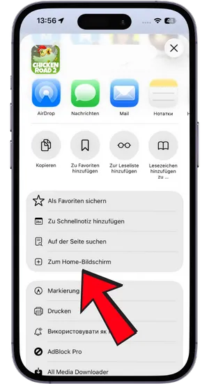 Teilen-Menü Symbol in Safari für Chicken Road 2