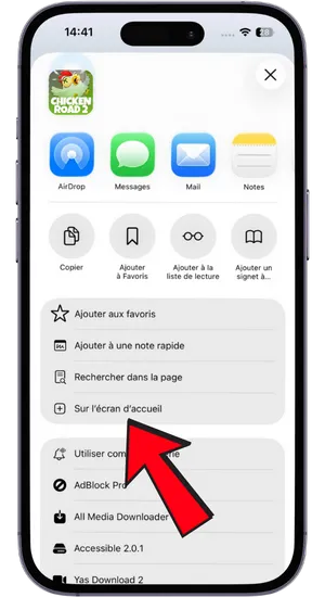 Icône du menu de partage dans Safari pour Chicken Road 2